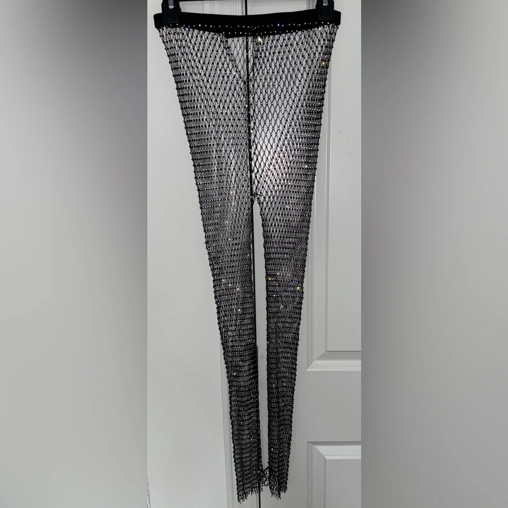 Black Mesh Rhinestone Pants - Picture 1 of 12
